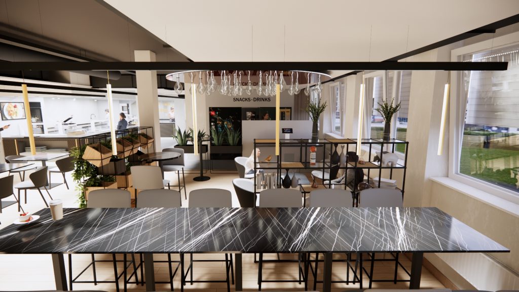 3D Rendering vom Gastraum mit Café-Lounge